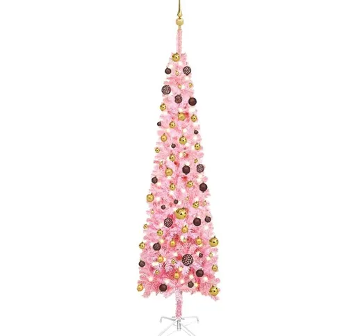 Set Albero Natale Slim con led e Palline Rosa 240 cm