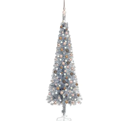 Set Albero Natale Sottile con Luci led e Palline Argento 150cm