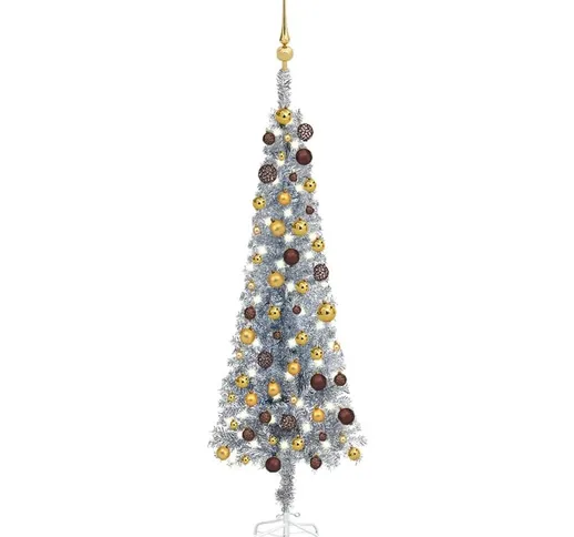 Set Albero Natale Sottile con Luci led e Palline Argento 150cm