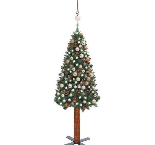 Set Albero Natale Sottile Luci led e Palline Verde 210 cm pvc