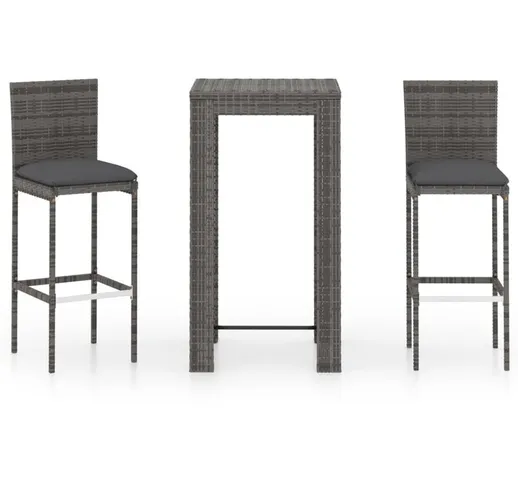 Set Bar da Giardino 3 pz con Cuscini in Polyrattan Grigio