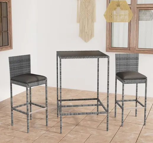 Longziming - Set Bar da Giardino 3 pz con Cuscini in Polyrattan Grigio