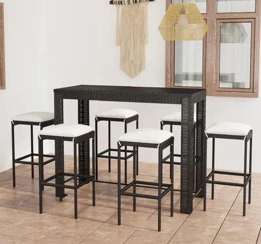 Longziming - Set Bar da Giardino 7 pz con Cuscini in Polyrattan Nero