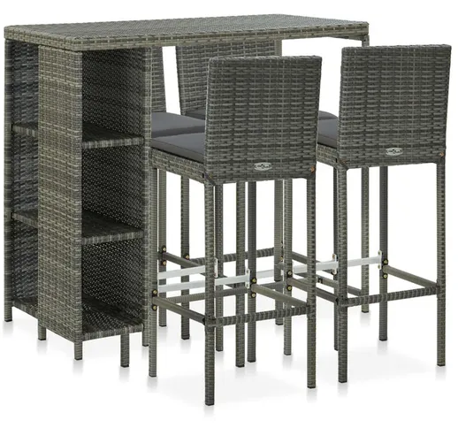 Set da Bar da Giardino 5 pz con Cuscini in Polyrattan Grigio