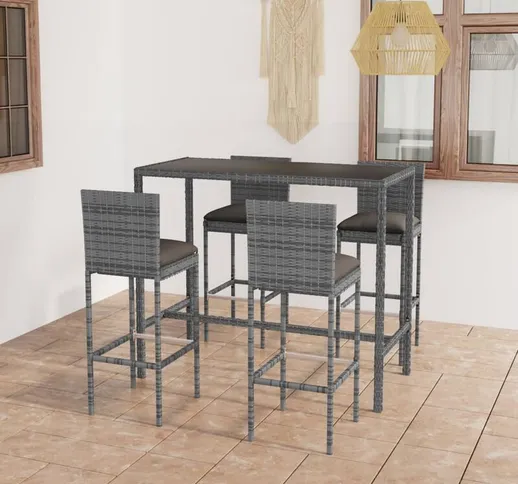 Set da Bar da Giardino 5 pz con Cuscini in Polyrattan Grigio