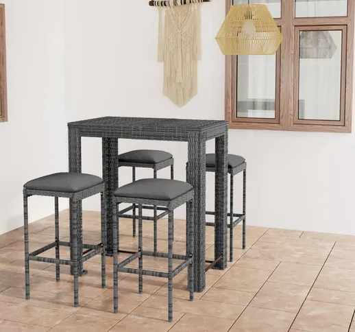 Decdeal - Set da Bar da Giardino 5 pz con Cuscini in Polyrattan Grigio