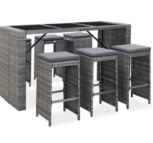 Decdeal - Set da Bar da Giardino 7 pz con Cuscini in Polyrattan Grigio