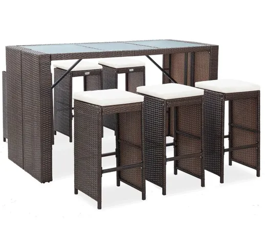 Set da Bar da Giardino 7 pz con Cuscini in Polyrattan Marrone