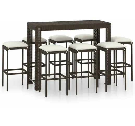 Set da Bar da Giardino 9 pz con Cuscini in Polyrattan Marrone