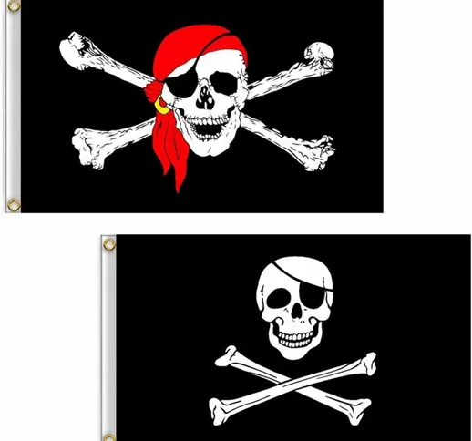 Set di 2 bandiere pirata in poliestere con due punti per Halloween festa pirata compleanno...
