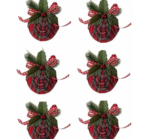 Set di 6 palline di Natale, palline di Natale rosse a forma di tartan con fiocco e foglie...