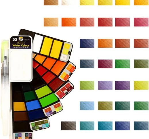 Set di colori ad acquerello a 33 colori con pennello ad acqua, spugna e tavolozza Set di p...