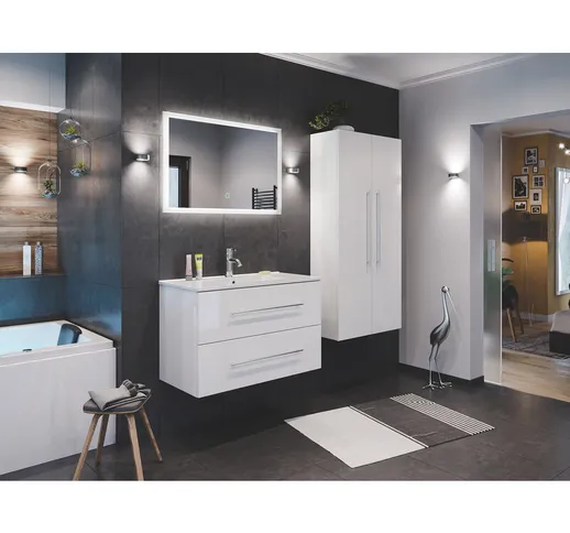  - Set di mobili da bagno Firenze 90 (4 parti/B) bianco lucido e specchio a LED