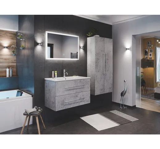  - Set di mobili da bagno Firenze 90 (4 parti/B) grigio cemento e specchio a LED
