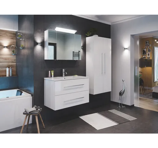  - Set di mobili da bagno Firenze 90 (4 parti/C) bianco lucido e armadio a specchio