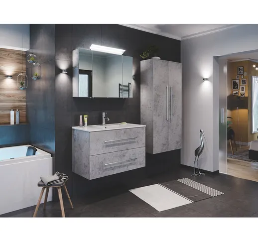  - Set di mobili da bagno Firenze 90 (4 parti/C) grigio cemento e armadio specchio