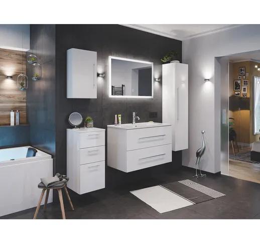  - Set di mobili da bagno Firenze 90 (5 parti/B) bianco lucido e specchio a LED