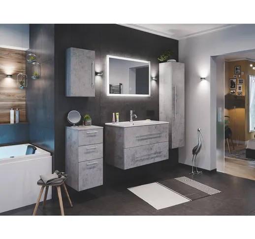  - Set di mobili da bagno Firenze 90 (5 parti/B) grigio cemento e specchio a LED