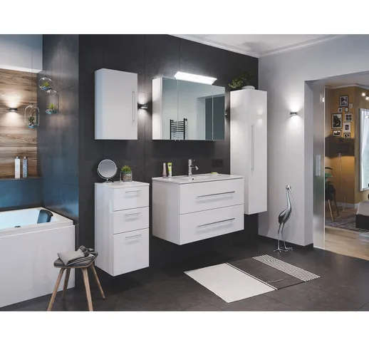  - Set di mobili da bagno Firenze 90 (5 parti/C) bianco lucido e armadio a specchio