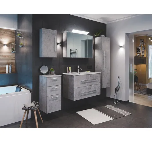  - Set di mobili da bagno Firenze 90 (5 parti/C) grigio cemento, armadio a specchio