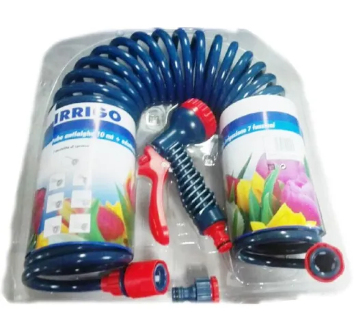 Kit tubo spiralato 10mt con pistola e raccordi presa rubinetto 3/4 idropistola multifunzio...