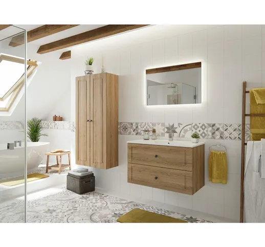  - Set mobile bagno Firenze 90 Cottage 4pz specchio a LED Rovere chiaro