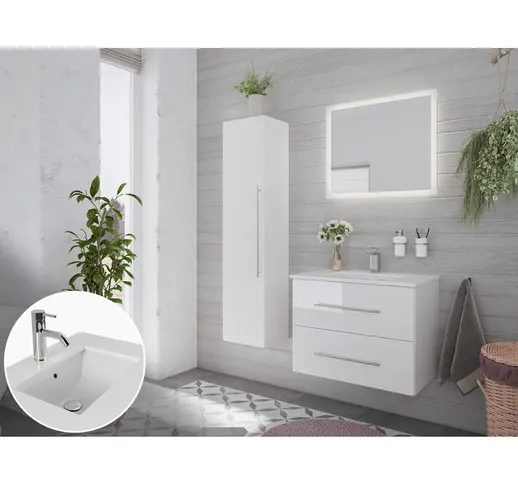  - Set mobili bagno Ely 70 quarzo bianco 3pz specchio a led bianco lucido - bianco lucido