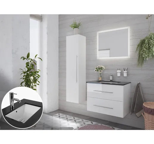  - Set mobili bagno Ely 70 quarzo nero 3pz specchio a led bianco lucido - bianco lucido