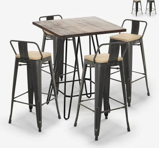 Set tavolino alto bar 60x60cm industriale 4 sgabelli tolix vintage Rhodes Noix Colore: Leg...