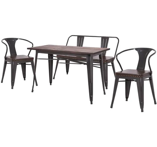 Set tavolo con panca a 2 posti e 2x sedie design industriale HWC-H10 acciaio verniciato le...