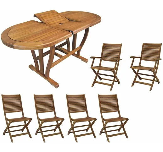 Set Tavolo Giardino Allungabile Ovale 120/160 X 70 Con 4 Sedie E 2 Poltrone In Legno Di Ac...