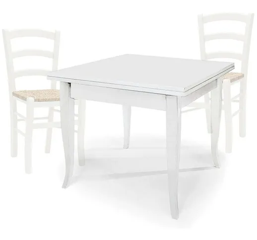 Set Tavolo quadrato allungabile + Sedie Venezia seduta paglia Bianco | 80 x 80 - Dimension...