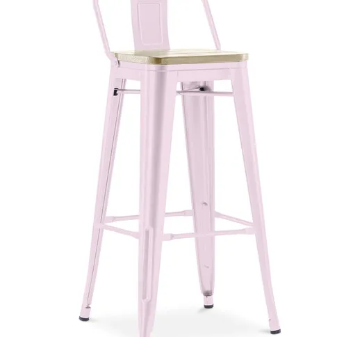 Sgabello da bar Tolix con schienale basso - 76 cm - Metallo e legno chiaro Pastel pink