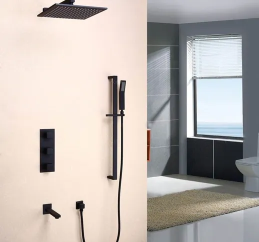 Sistema doccia termostatico a parete in ottone massiccio nero Asta doccia 250 mm