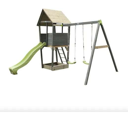 SOLO torre da gioco in legno per bambini con scivolo, sabbiera e doppia altalena - grigio....