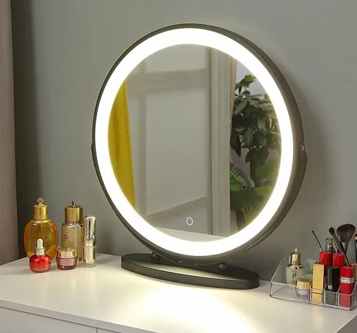 Specchio, Specchio Trucco Illuminato LED, Tricolore Dimmerabile - 360° Girevole - per Casa...