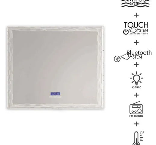 Specchio touch led 90X90 con casse Bluetooth radio orario e temperatura anti-fog