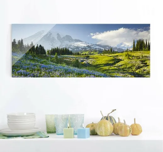 Stampa su vetro - Mountain meadow with flowers in front of Mt. Rainier - Panoramico Dimens...