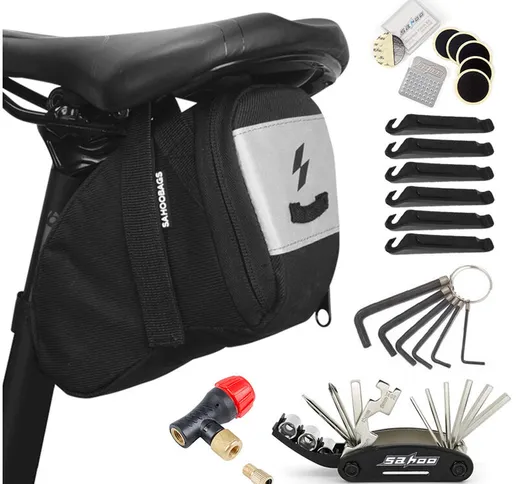 Strumento pieghevole 16 in uno + borsa posteriore per bicicletta + ugello aria + accessori...