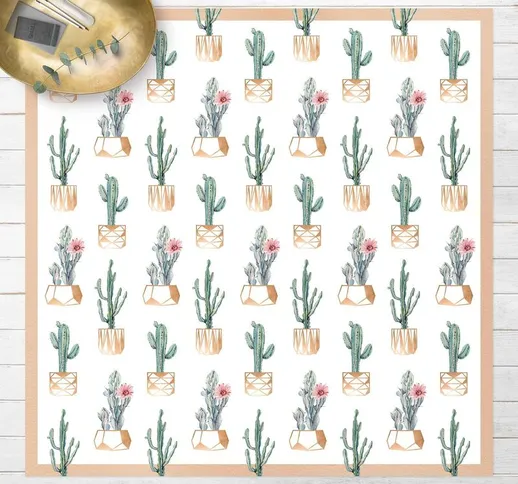 Micasia - Tappeti in vinile - Cactus con vaso di rame con cornice - Quadrato 1:1 Dimension...