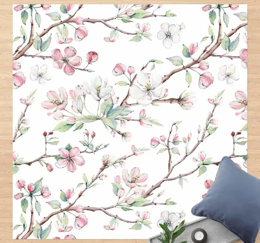 Micasia - Tappeti in vinile - Rami di fiori di melo in acquerello rosa e bianco - Quadrato...