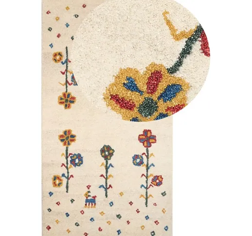 Beliani - Tappeto di lana beige 80 x 150 cm realizzato a mano con motivo floreale Husunlu...