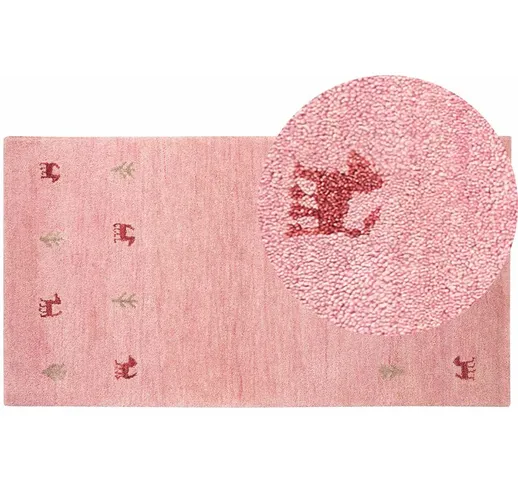 Beliani - Tappeto di lana rosa fatto a mano con motivo con animali 80 x 150 cm Yulafi - Ro...