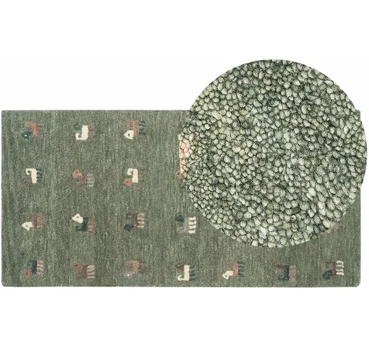 Beliani - Tappeto di lana verde fatto a mano con motivo con animali 80 x 150 cm Kizarli -...