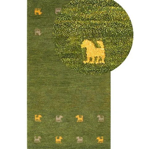 Beliani - Tappeto di lana verde fatto a mano con motivo con animali 80 x 150 cm Yulafi - V...
