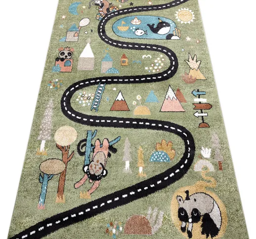 Rugsx - Tappeto FUN Route per bambini, strada, animali verde Toni verde 140x190 cm