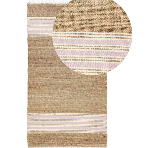 Beliani - Tappeto in iuta con motivo a righe e nappe beige e rosa pastello 80 x 150 cm Mir...