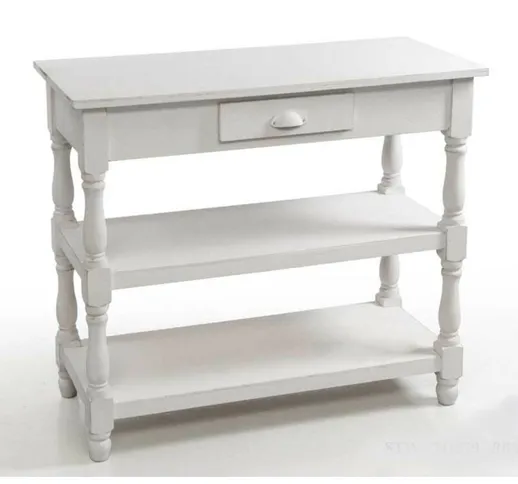 Tavolino bianco da ingresso consolle con ripiani e cassetto shabby cm 90