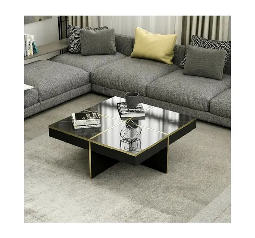 Tavolino da Caffe' Diamond - con Ripiani - da Salotto - Nero, Oro in Legno, 90 x 90 x 35 c...