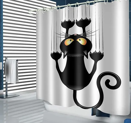 Tenda da doccia fai da te modello gatto umoristico nero con ganci 150 * 180 cm